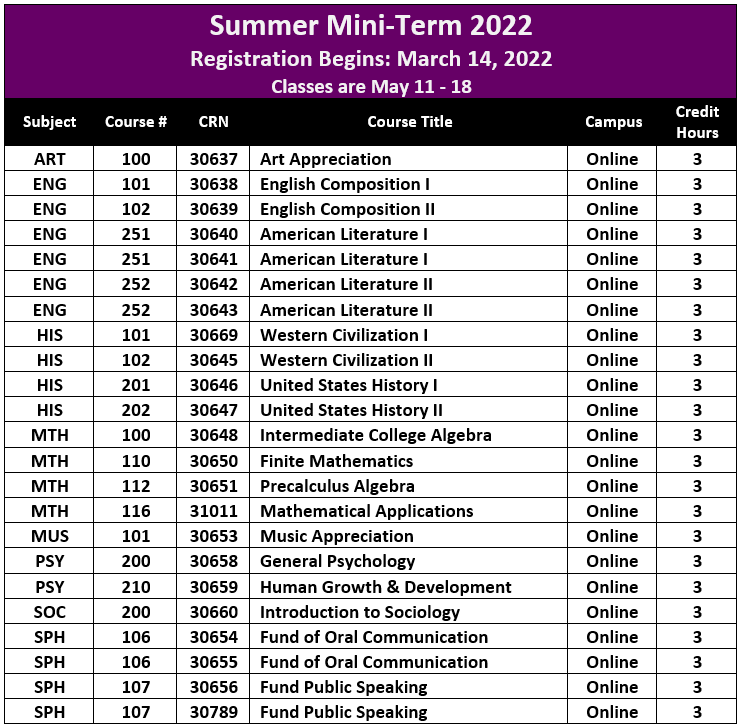 Summer Mini Term Classes 2022