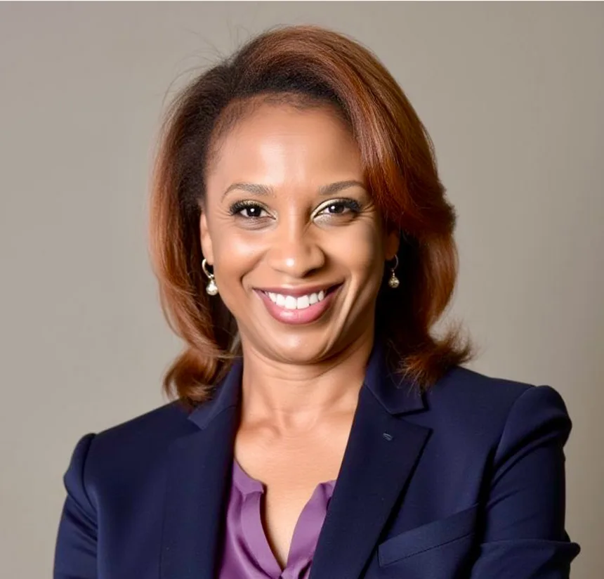 A woman with shoulder-length reddish-brown hair wearing a navy blazer and a purple blouse smiles confidently in front of a plain beige background.