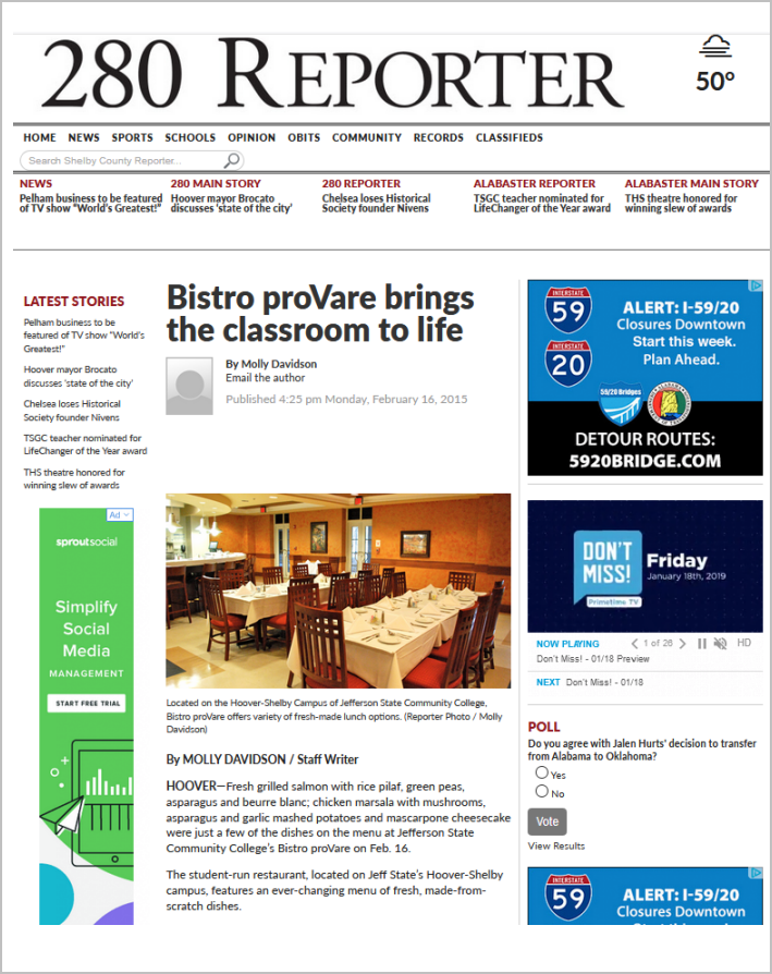 A newspaper webpage features an article titled Bistro proVare brings the classroom to life, with a photo of a dining area, weather at 50°, ads, navigation links, and sections for news, sports, schools, and more.