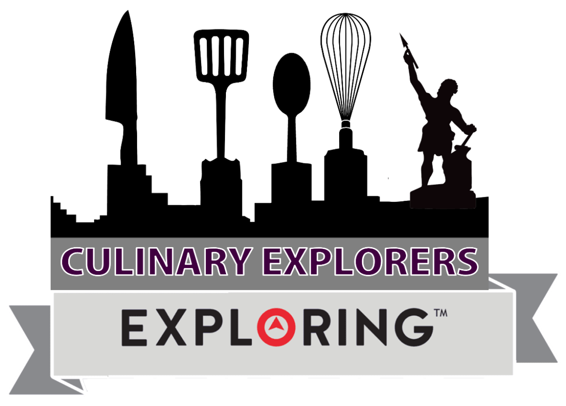 Logo featuring a spatula, spoon, and silhouette of a person pointing, with the text Culinary Explorers above a ribbon banner that says Exploring™.