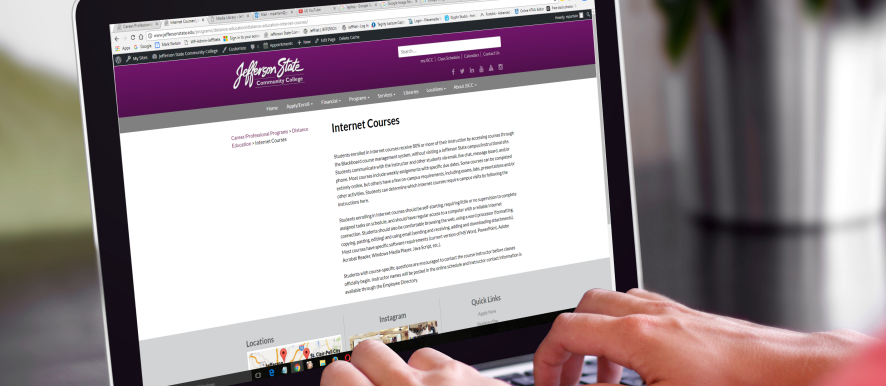 A person types on a laptop displaying an online course webpage. The screen features educational content, and a purple banner across the image reads Distance Education.