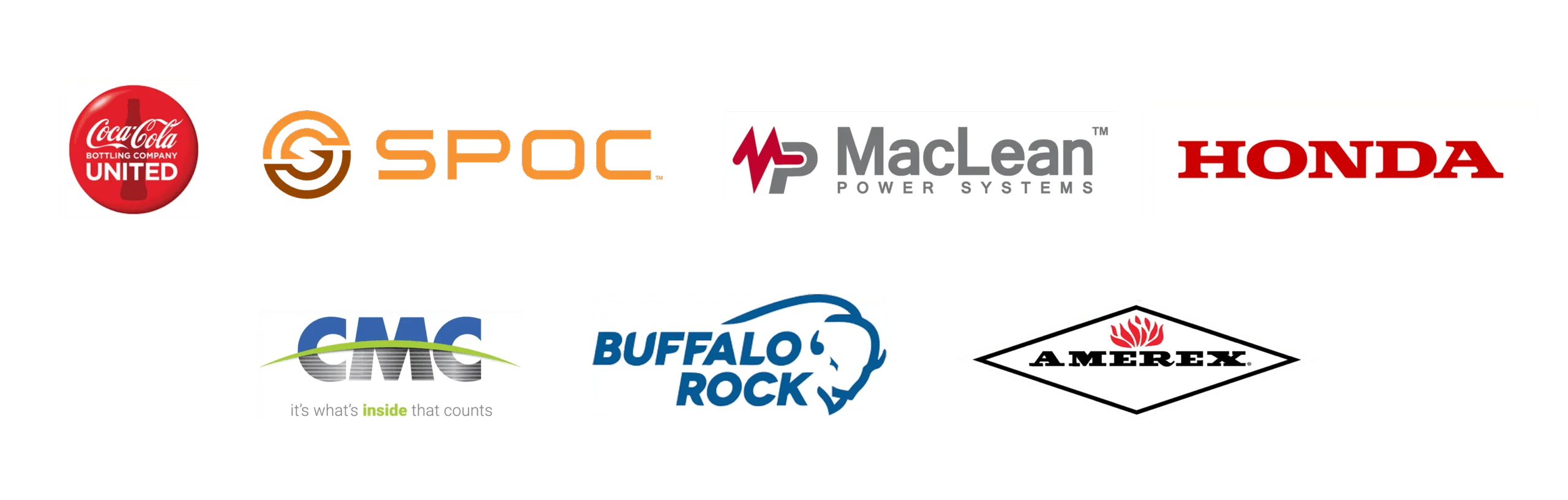 A collage of eight company logos on a beige background, including Coca-Cola United, SPOC, MacLean Power Systems, Honda, CMC, Buffalo Rock, and Amerex.