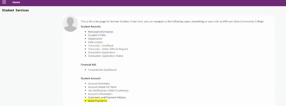 A student services webpage showing sections for Student Records, Financial Aid, and Student Account, with a menu of related links. “Make a Payment” is highlighted in yellow under the Student Account section.