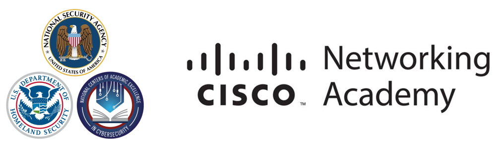 Logos of the National Security Agency, Department of Homeland Security, and National Centers of Academic Excellence beside the Cisco Networking Academy logo and text.