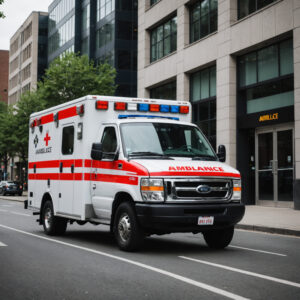 A white ambulance with red stripes and flashing lights is parked on the side of a city street, next to modern office buildings.