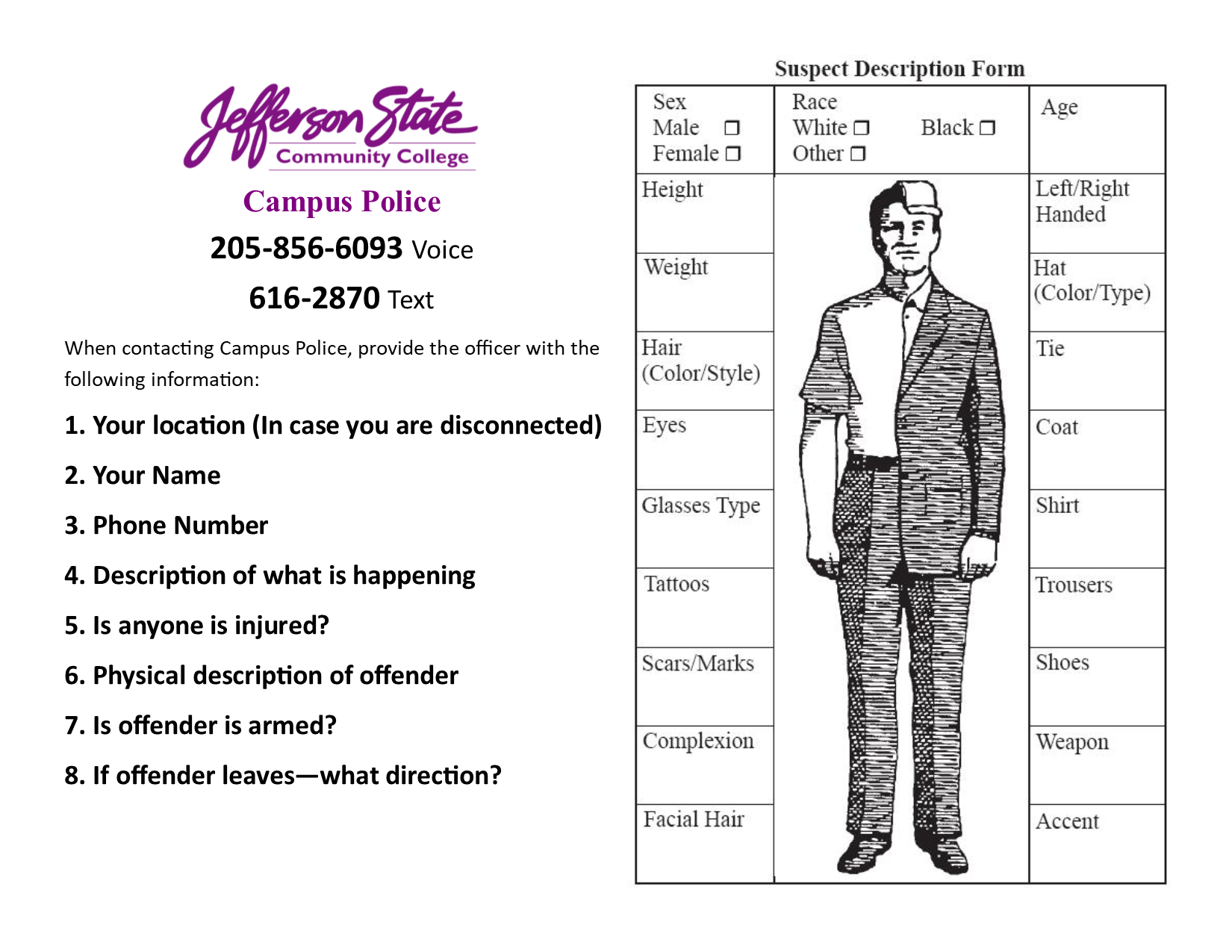 A campus police contact flyer from Jefferson State Community College with phone numbers and instructions for reporting incidents, alongside a suspect description form with a male figure and fields for describing physical traits and clothing.
