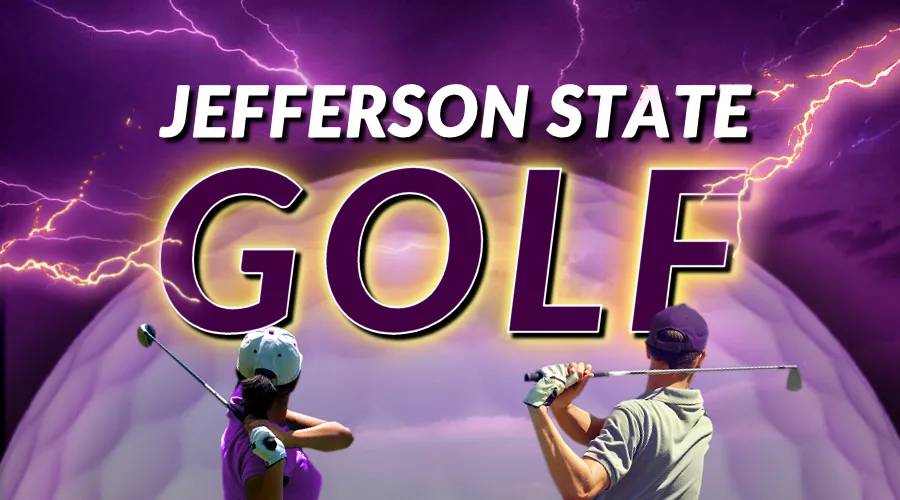 Two golfers swing clubs beneath a stormy purple sky with lightning, in front of a giant golf ball. Large text reads Jefferson State Golf.
