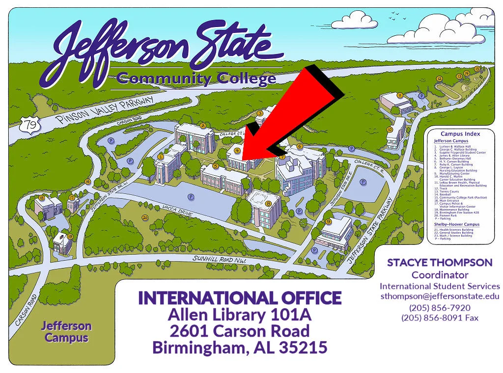 Illustrated campus map of Jefferson State Community College with a large red arrow pointing to the Allen Library building. Contact info for the International Office and Stacy Thompson is displayed at the bottom right.