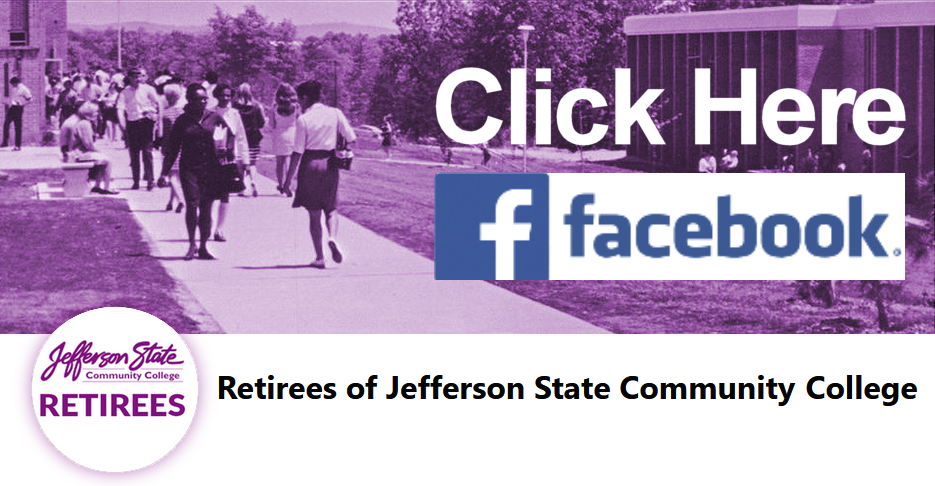 A purple-tinted photo shows people walking on a college campus. Overlaid text reads Click Here with the Facebook logo. Below, it says Retirees of Jefferson State Community College with the college logo.