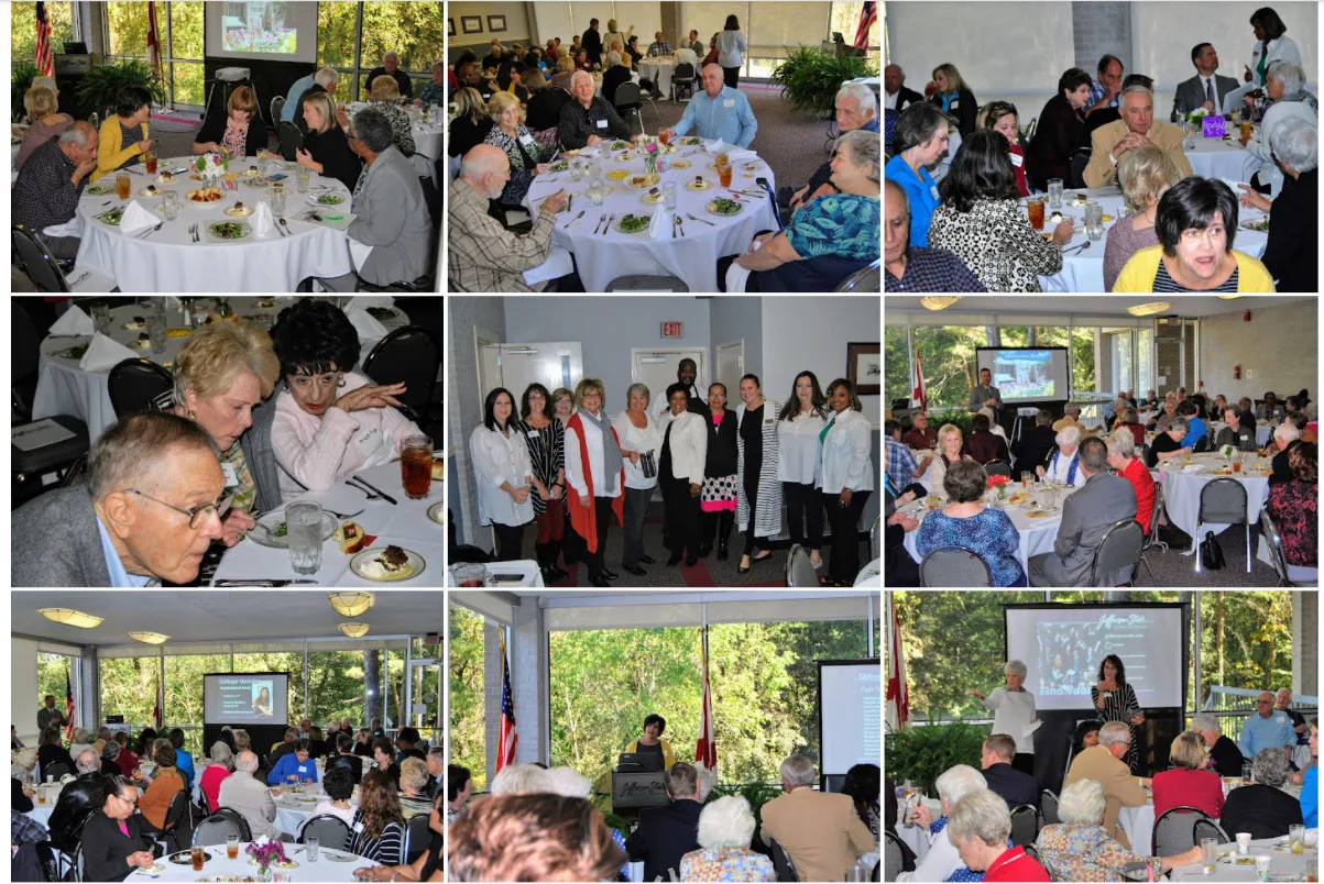 A collage of photos showing people of various ages gathered at a banquet or event in a bright, windowed venue, eating, socializing at round tables, and listening to presentations at a podium.