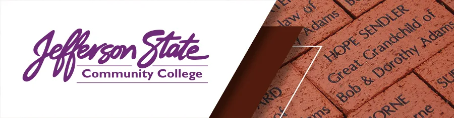 Jefferson State Community College logo in purple on the left, with engraved commemorative bricks featuring names and dedications on the right.