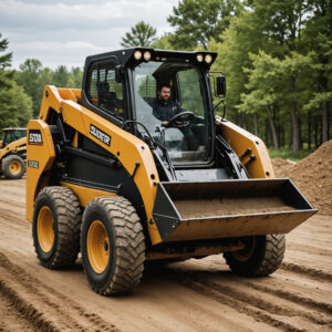 A man operates a yellow skid steer loader with large tires on a dirt road at a construction site, surrounded by trees and soil piles.