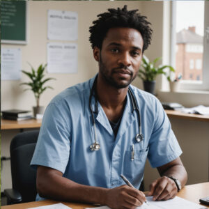 A doctor wearing light blue scrubs and a stethoscope sits at a desk, writing on a clipboard. He looks toward the camera. The office has plants, papers on the wall, and a window with buildings visible outside.