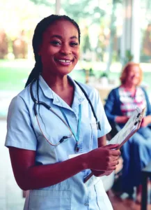 Student with a stethoscope and clipboard