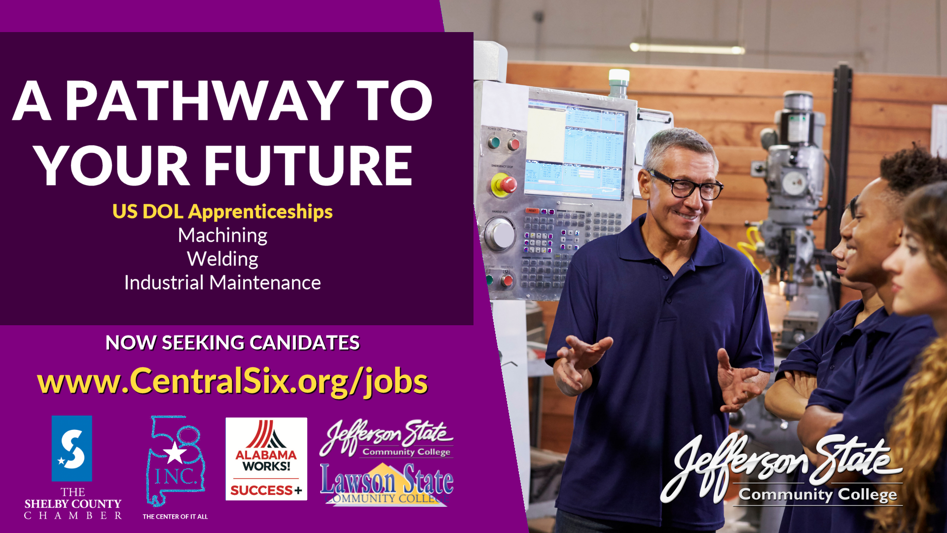 A diverse group of people in a workshop stand near industrial machines, with text promoting apprenticeships in machining, welding, and maintenance at Jefferson State Community College. Website link and sponsor logos are shown.