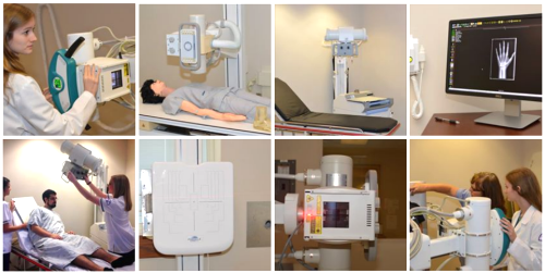 A collage of eight images shows medical staff operating X-ray machines, positioning patients, using radiology equipment, and viewing an X-ray image of a hand on a computer monitor in a clinical setting.