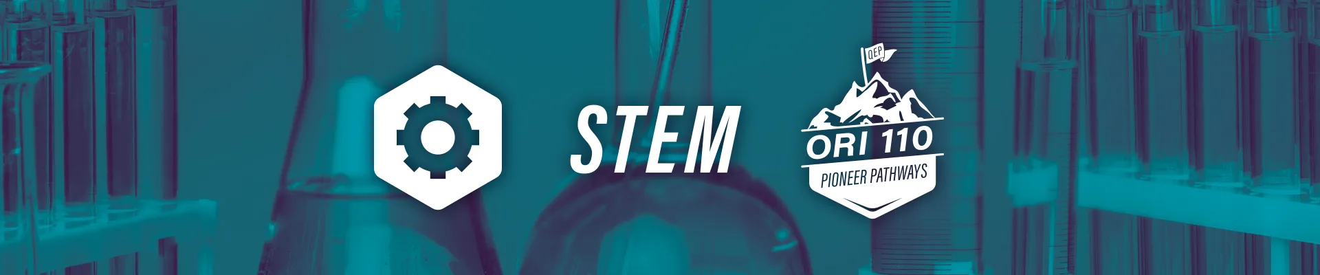 Blue-tinted banner featuring science lab glassware, a gear icon, the word “STEM,” and a mountain badge labeled “ORI 110 College Pathways.”.