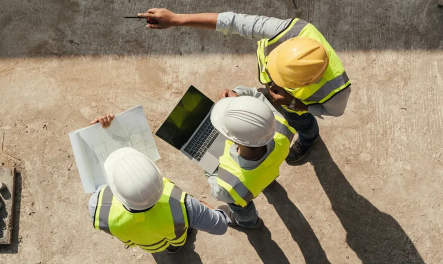 Three construction workers wearing safety vests and helmets stand on a construction site, looking at blueprints and a laptop. One worker points towards something off-frame. View is from above.