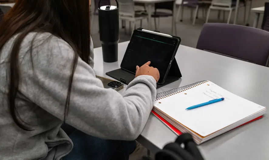 A person with long hair sits at a table, using a tablet and taking notes in a notebook with a blue pen. The setting appears to be a quiet, modern study area or library.