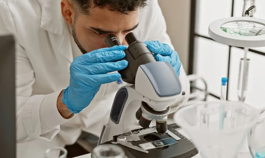 A scientist wearing blue gloves and a lab coat looks into a microscope at a laboratory workstation surrounded by glassware and various scientific equipment.