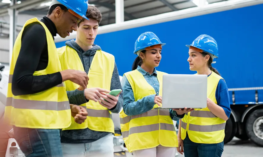 Four workers wearing safety vests and blue helmets stand together in a warehouse, discussing something on a laptop and mobile phone, with a large blue truck in the background.