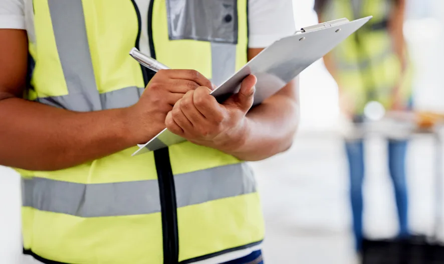 A person wearing a high-visibility safety vest writes on a clipboard, standing indoors. Another person in a safety vest is blurred in the background, suggesting a construction or inspection setting.