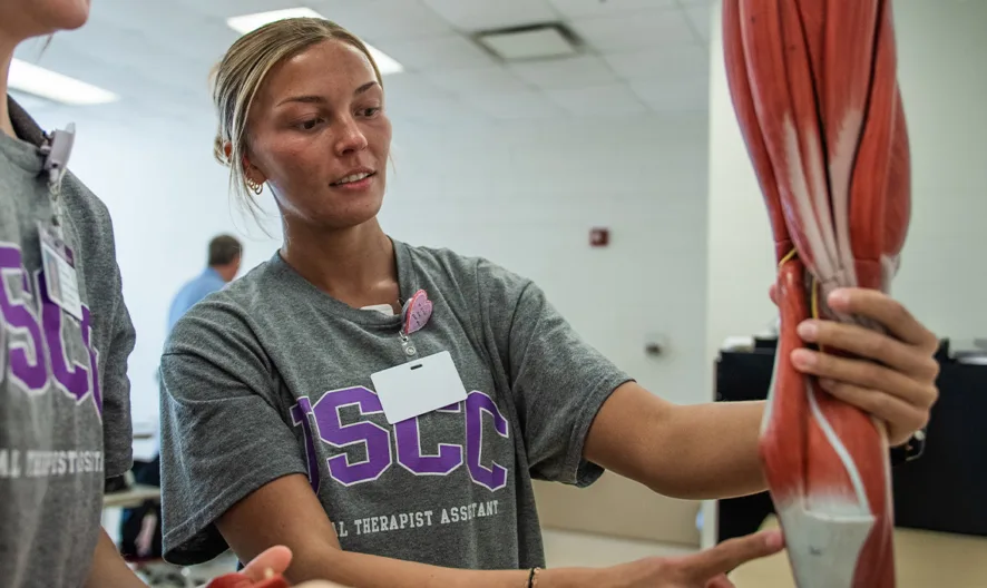 Two people wearing JSCC shirts examine a large anatomical model of a human leg with visible muscles in a classroom setting. One points to the model while the other observes closely.
