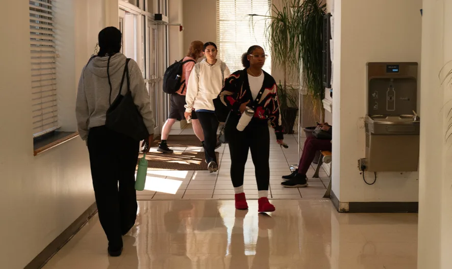 Students walk through a sunny hallway in a school or university building. Some carry backpacks, while others are standing or sitting near a drinking fountain and a potted plant.