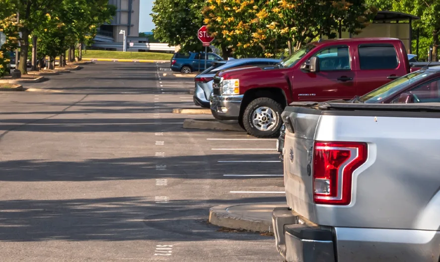 A nearly empty parking lot with a few cars and pickup trucks parked along the right side, surrounded by trees and greenery on a sunny day.