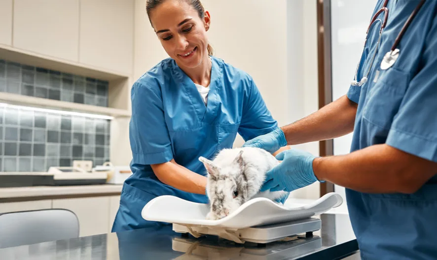 Two veterinarians in blue scrubs gently place a white and gray rabbit on a scale in a modern veterinary clinic, preparing to weigh it.