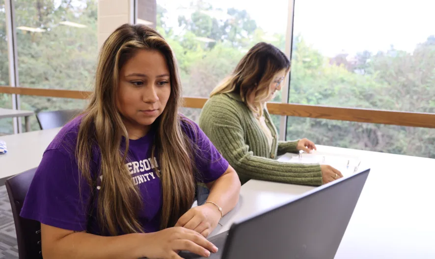 Two women sit at a table by a large window. One, in a purple shirt, types on a laptop, while the other, in a green sweater, writes in a notebook. Trees are visible outside through the window.