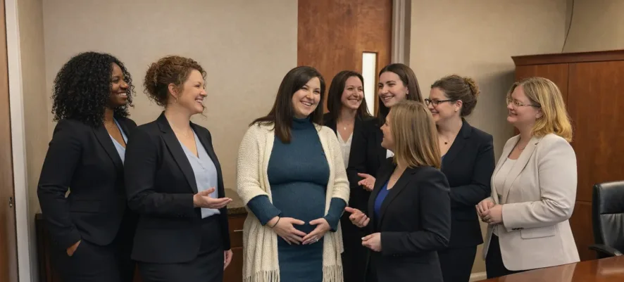 Seven women in professional attire stand together in an office, smiling and talking. One woman in the center, wearing a blue dress and white cardigan, appears to be pregnant and is holding her belly.