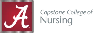 Logo with a white script A on a red background next to the gray text Capstone College of Nursing.