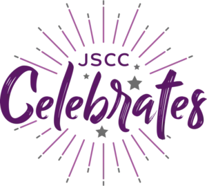 Purple and lavender text reads JSC Celebrates with stylized sunburst rays radiating outward, creating a festive and celebratory design.