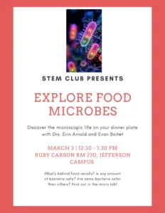 A flyer for a STEM Club event titled Explore Food Microbes, 