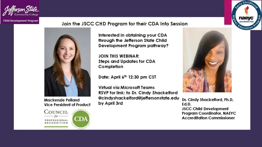 Informational flyer for a JSCC Child Development Program CDA info session. Features headshots of Mackenzie Pelland and Dr. Cindy Shackelford, event details, RSVP info, and program logos on a purple background.