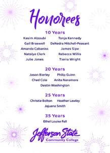 honorees for Jeff State employees celebrating 10,20,25, and 35 years