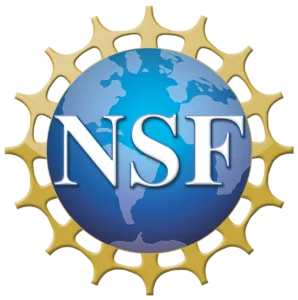 The logo of the National Science Foundation features a blue globe with white continents and the bold white letters NSF in front, surrounded by a gold gear-like circular border.