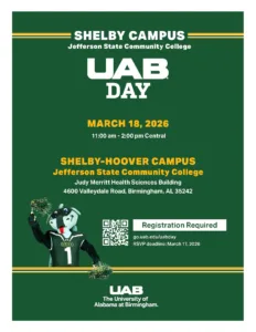 Flyer for UAB Day at Shelby-Hoover for Spring 2026.