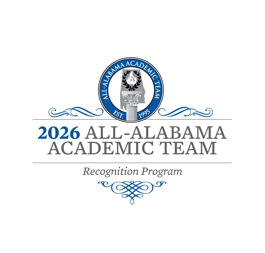 Logo for the 2026 All-Alabama Academic Team Recognition Program, featuring a blue and silver crest with a torch, the words All-Alabama Academic Team, and decorative blue flourishes.