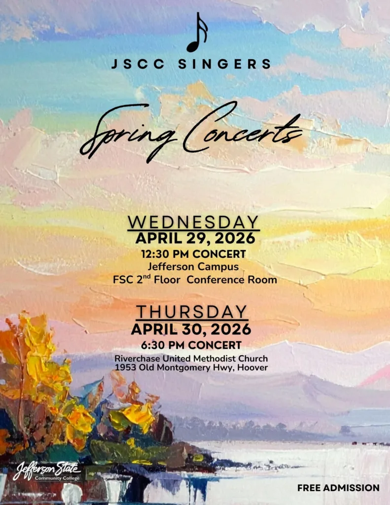 A colorful painted poster for JSCC Singers Spring Concerts with concert dates: April 29, 2026, at Jefferson Campus and April 30, 2026, at Riverchase United Methodist Church. Free admission noted at the bottom.