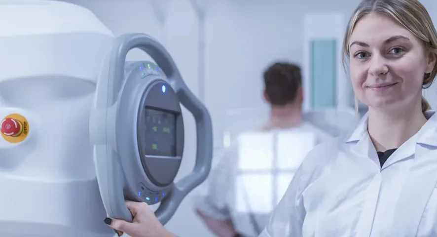 radiologist setting up chest x-ray