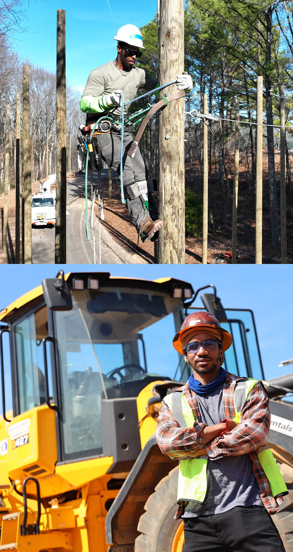 A utility worker climbs a wooden pole using safety gear, while another worker in a hard hat and safety vest stands with arms crossed in front of a large yellow construction vehicle.