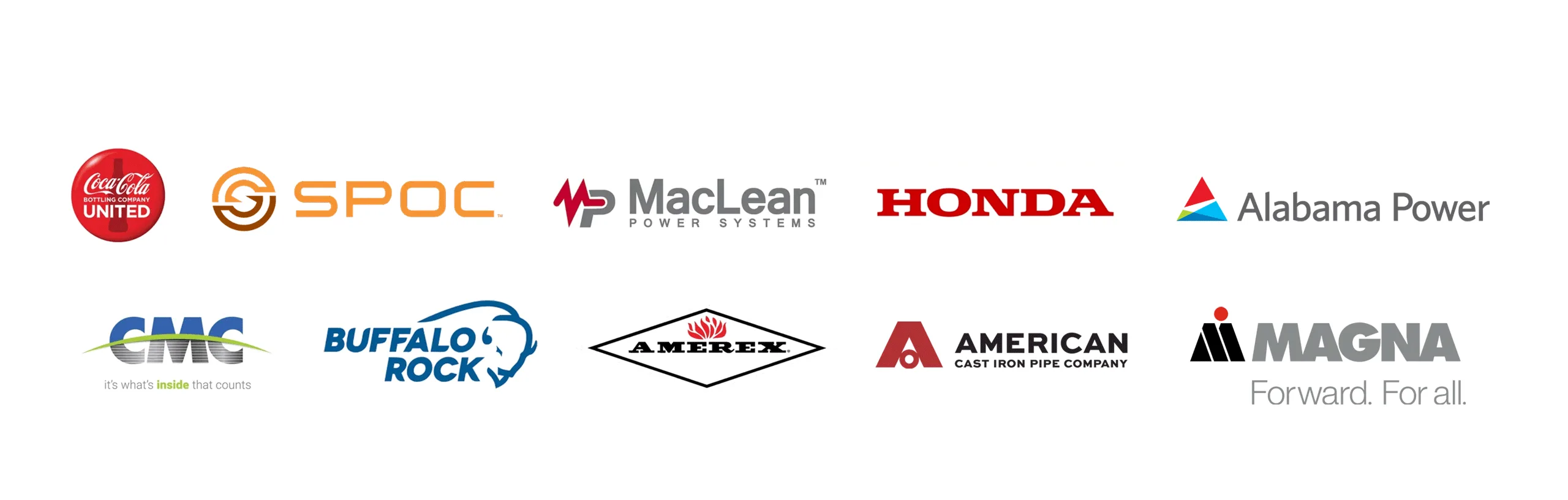 Logos of companies including Coca-Cola, SPOC, MacLean, Honda, Alabama Power, GMC, Buffalo Rock, Amerex, American Cast Iron Pipe, and Magna, arranged in two rows on a white background.