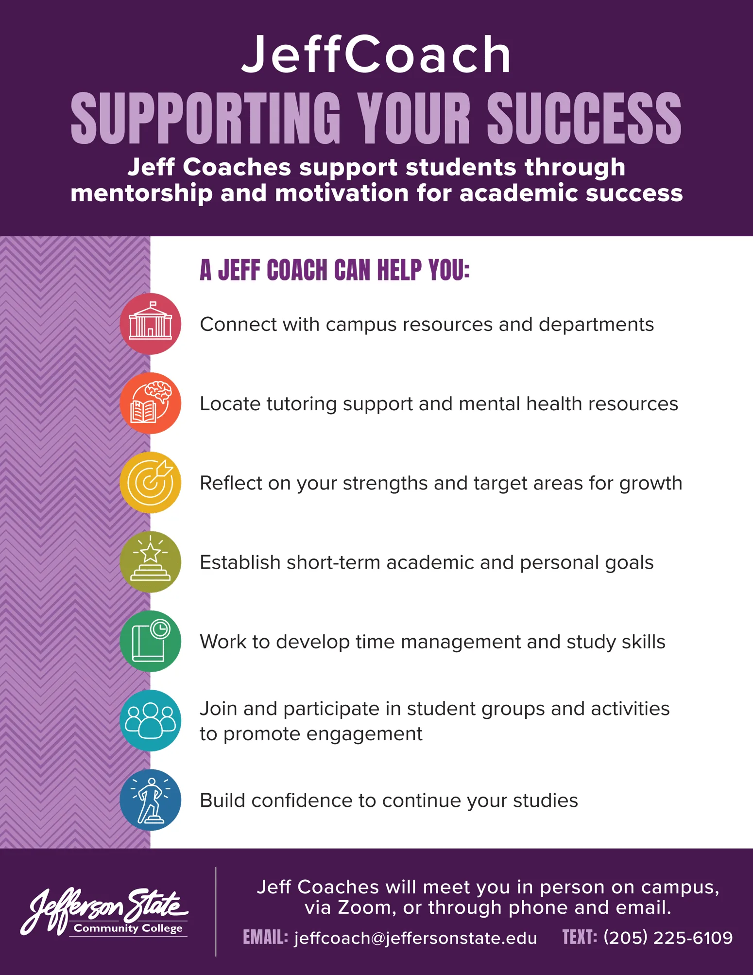 Flyer for JeffCoach at Jefferson State Community College, listing ways coaches support students.