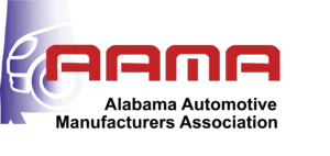 AAMA logo with a red AAMA text, stylized car outline on the left, and Alabama Automotive Manufacturers Association written below in black.