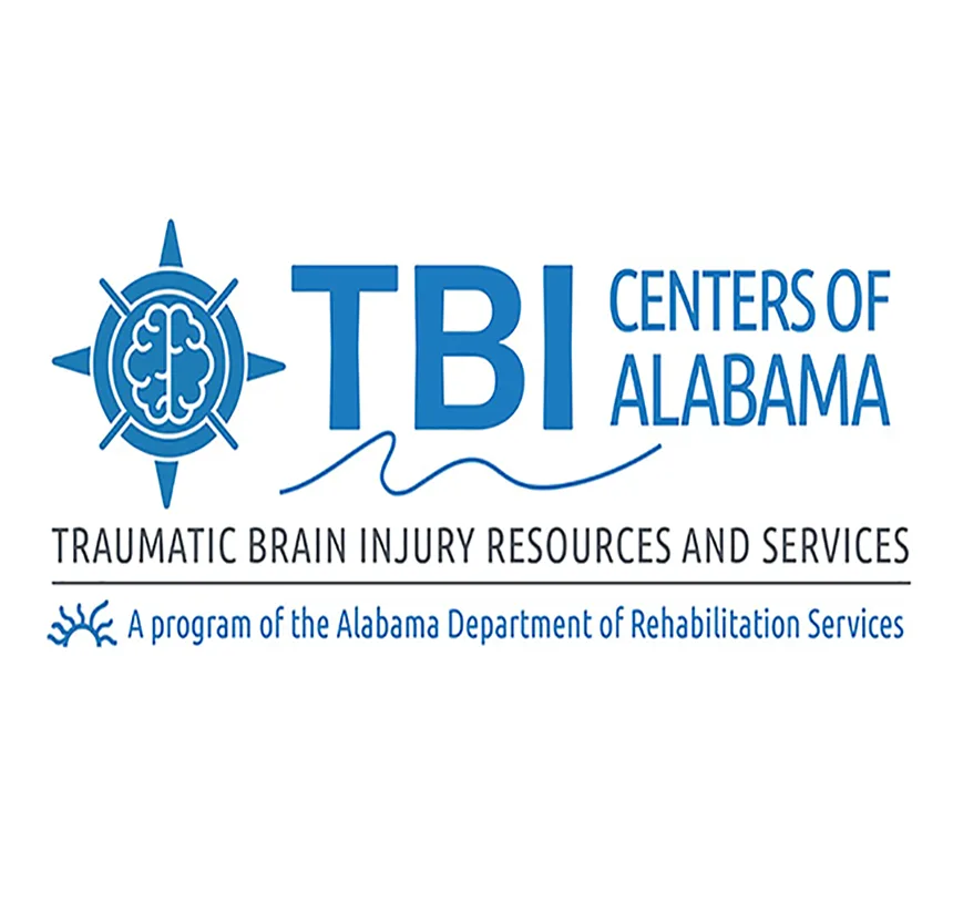 Logo for TBI Centers of Alabama, a program of the Alabama Department of Rehabilitation Services, featuring a brain icon within a compass rose.